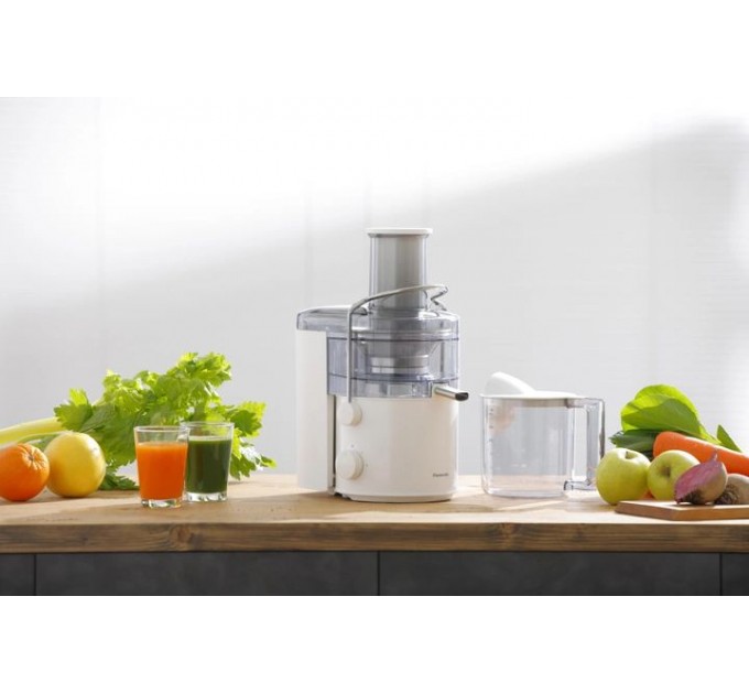 Соковыжималка Panasonic центробежная 1000Вт, чаша-1.5л, жмых-2л, желоб на целое яблоко, пластик/металл, белый