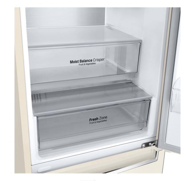 Холодильник LG с нижн. мороз., 203x60х68, холод.отд.-277л, мороз.отд.-107л, 2дв., E, NF, инв., диспл внешн., зона св-ти, Metal Fresh, бежевый