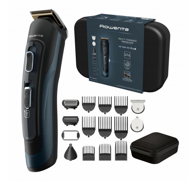 Тример Rowenta Selectium, для бороди, вусів, голови, носа, вух і тіла, мережа+акум., роторний мотор, насадок-17, чохол, титан.напил., чорний
