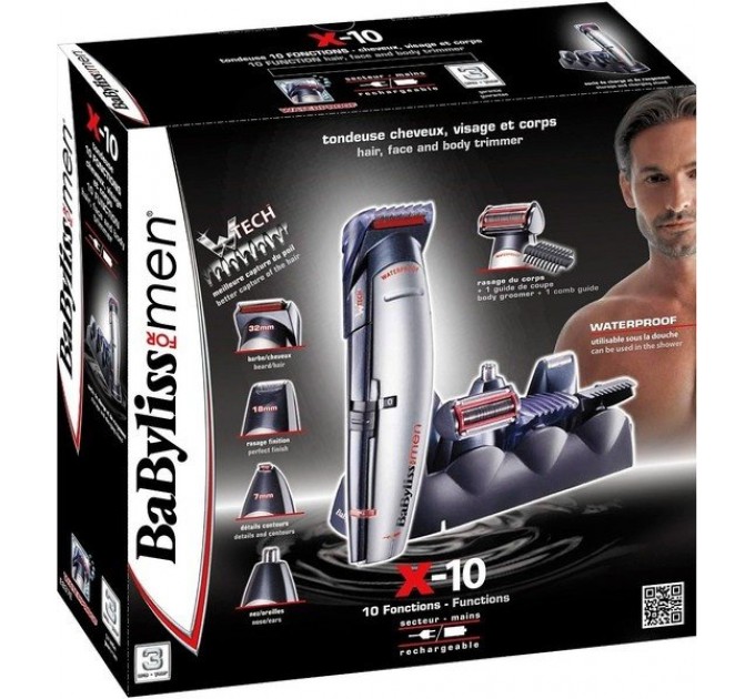 Набір для стрижки Babyliss, для голови, вусів, бороди,носа і тіла, мережа+акум., насадок-10, сріблястий