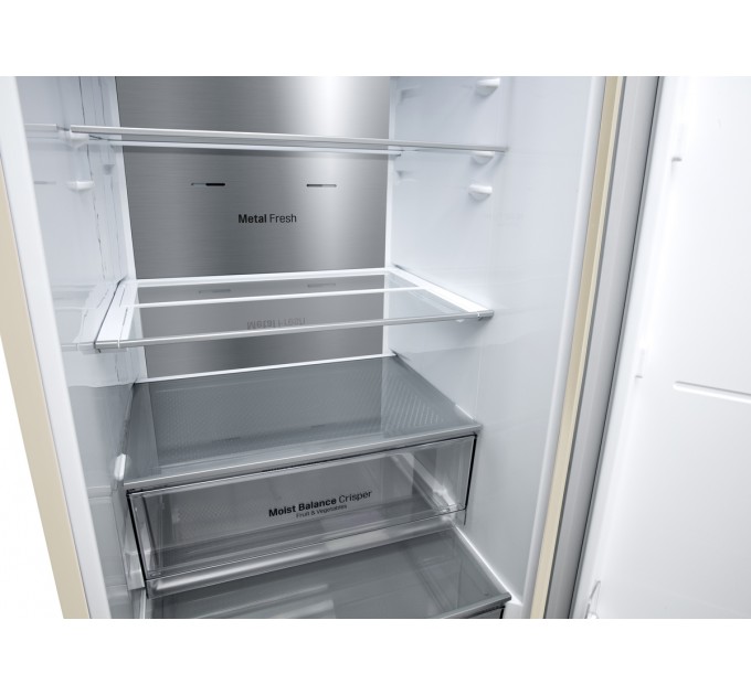 Холодильник LG с нижн. мороз., 203x60х68, холод.отд.-277л, мороз.отд.-107л, 2дв., E, NF, инв., диспл внешн., зона св-ти, Metal Fresh, бежевый