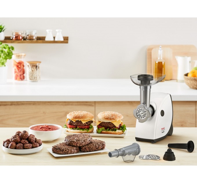 М'ясорубка Tefal HV4, 2000Вт, 2.3кг/хв, 3 решітки, насадка для ковбас, кеббе, томатів, пластик, біло-чорний