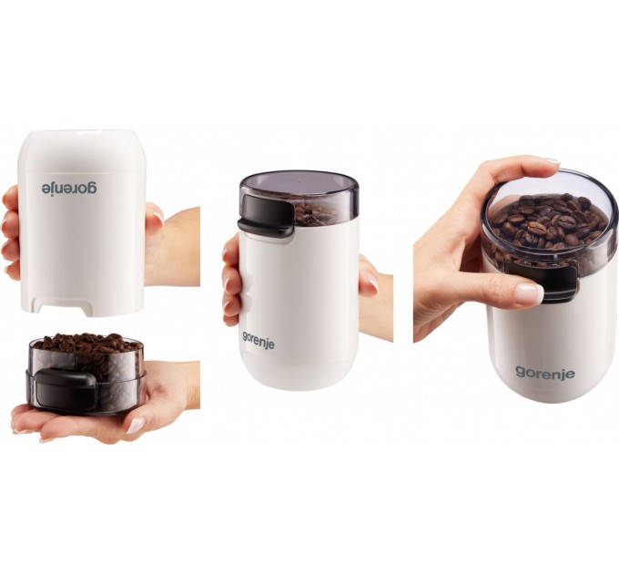 Кавомолка Gorenje роторна 150Вт, об'єм зерен-45г, 3 ступеня помолу, пластик/метал, білий