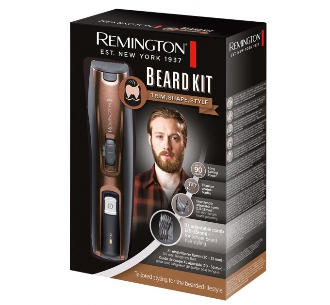 Триммер Remington Beard Kit для бороды и усов, акум., насадок-2, ножницы, щетка в компл., титан.напыл., коричневый