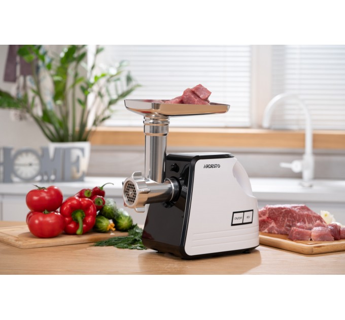 М'ясорубка ARDESTO, 2300Вт, продук.-2.2кг/хв, 4 решітки + для ковб., кеббе, насадка для томатів, пластик, біло-чорний