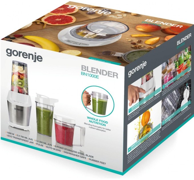 Блендер Gorenje стационарный 1000Вт, чаша-750мл, измельчитель, белый-нерж