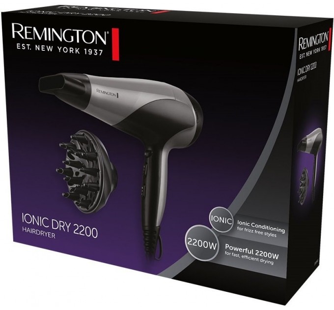 Фен Remington Ionic Dry, 2200Вт, режимов-3, дифузор,турмалиновая иониз-я, хол. обдув, серо-черный