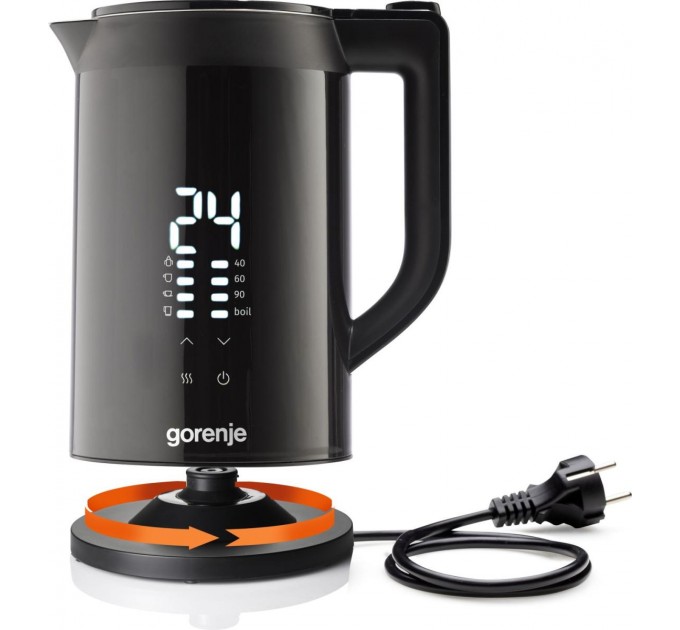 Электрочайник Gorenje 1.7л, двойные стенки, LED дисплей, Strix контроль, черный