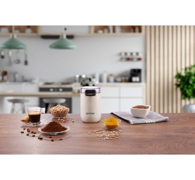 Кавомолка Gorenje роторна 150Вт, об'єм зерен-45г, 3 ступеня помолу, пластик/метал, білий