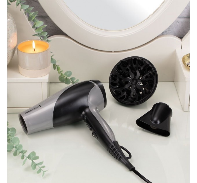 Фен Remington Ionic Dry, 2200Вт, режимов-3, дифузор,турмалиновая иониз-я, хол. обдув, серо-черный