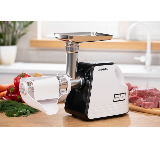 М'ясорубка ARDESTO, 2300Вт, продук.-2.2кг/хв, 4 решітки + для ковб., кеббе, насадка для томатів, пластик, біло-чорний