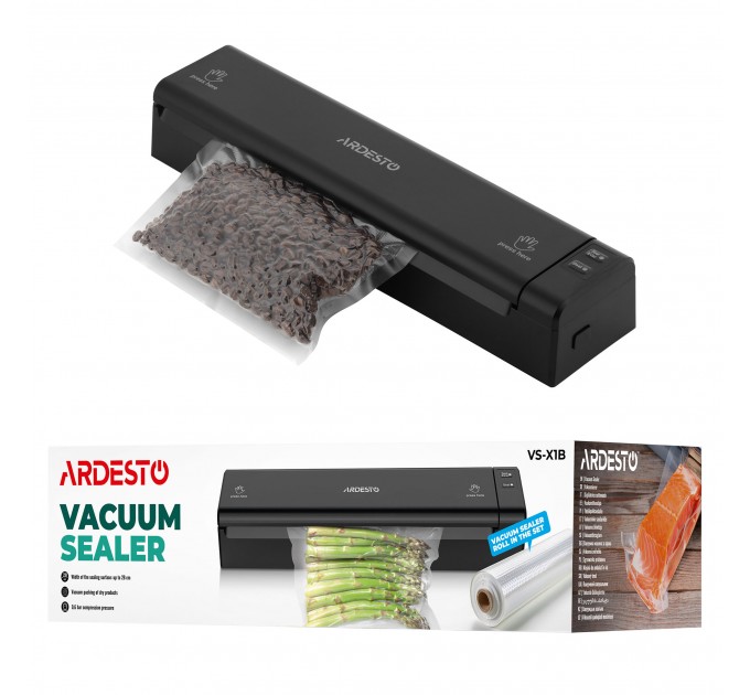 Вакууматор ARDESTO для пакетов та рулонов, 110Вт, 28см, электронное, + 1 рулон, пластик, чёрный