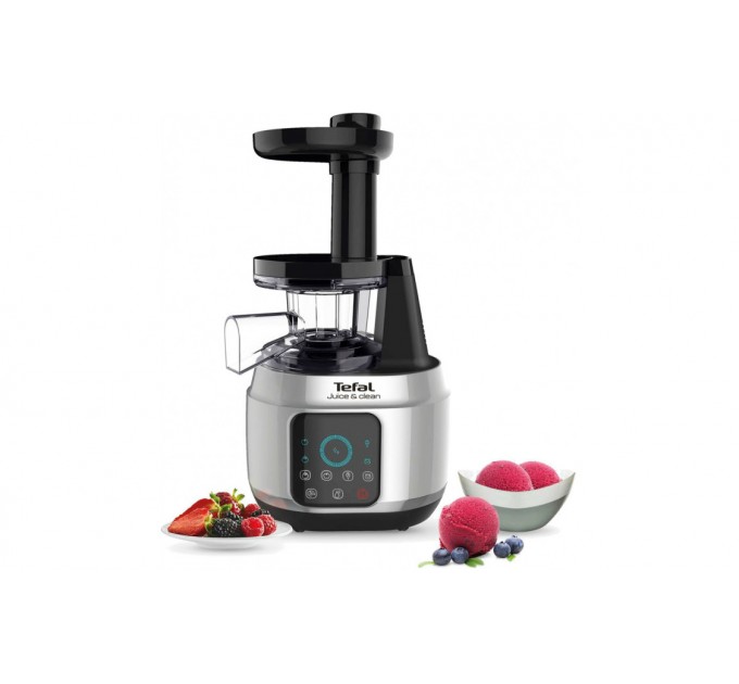 Соковыжималка Tefal Juice&Clean шнековая 150Вт, чаша-0.8л, жмых-0.8л, пластик, серебристо-черный
