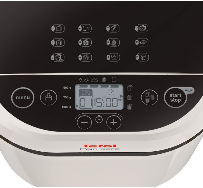 Хлебопечка Tefal PainDore 720Вт, программ-12, макс.вес -1кг, форма-прямоугольник, пластик, черно-белый