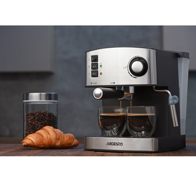 Кофеварка ARDESTO рожковая Steel Collection 1.6л, молотый, ручной капучинатор, серебристо-черный