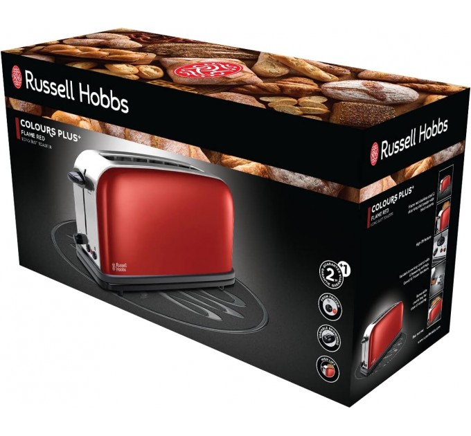 Тостер Russell Hobbs Classic 1100Вт, длинные слоты, металл, красный