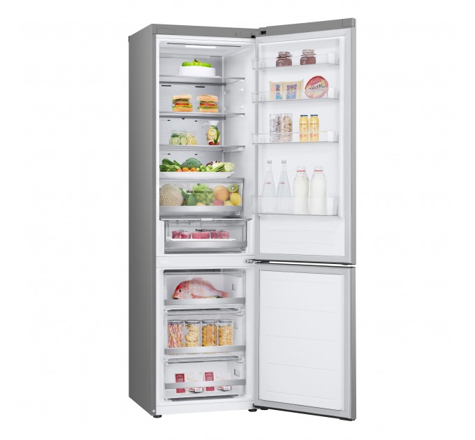 Холодильник LG з нижн. мороз., 203x60х68, холод.відд.-277л, мороз.відд.-110л, 2дв., E, NF, інв., диспл зовн., Fresh Сonverter, Metal Fresh, сріблястий