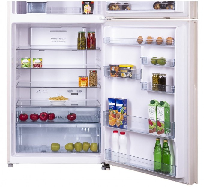 Холодильник Hitachi с верхн. мороз., 184x86х74, холод.отд.-405л, мороз.отд.-145л, 2дв., А++, NF, инв., зона нулевая, бежевый