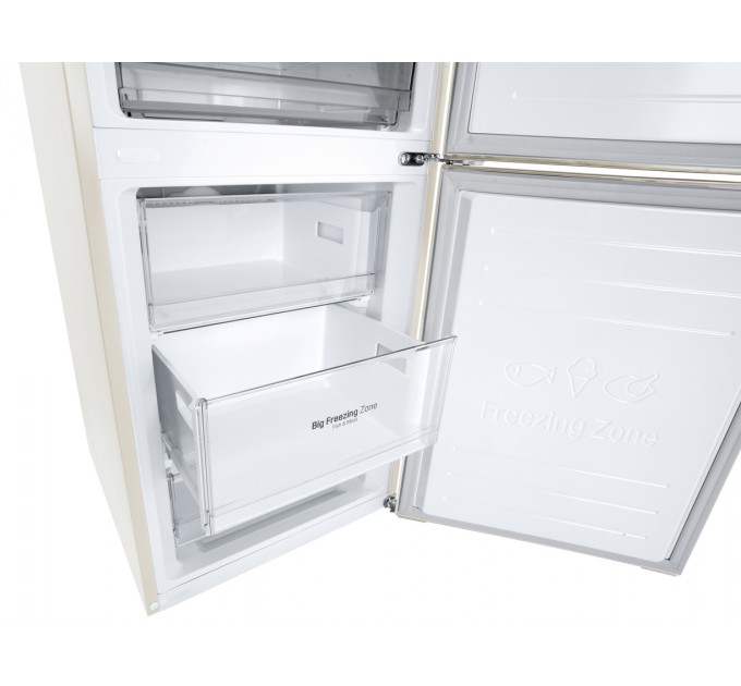 Холодильник LG с нижн. мороз., 203x60х68, холод.отд.-277л, мороз.отд.-107л, 2дв., E, NF, инв., диспл внешн., зона св-ти, Metal Fresh, бежевый