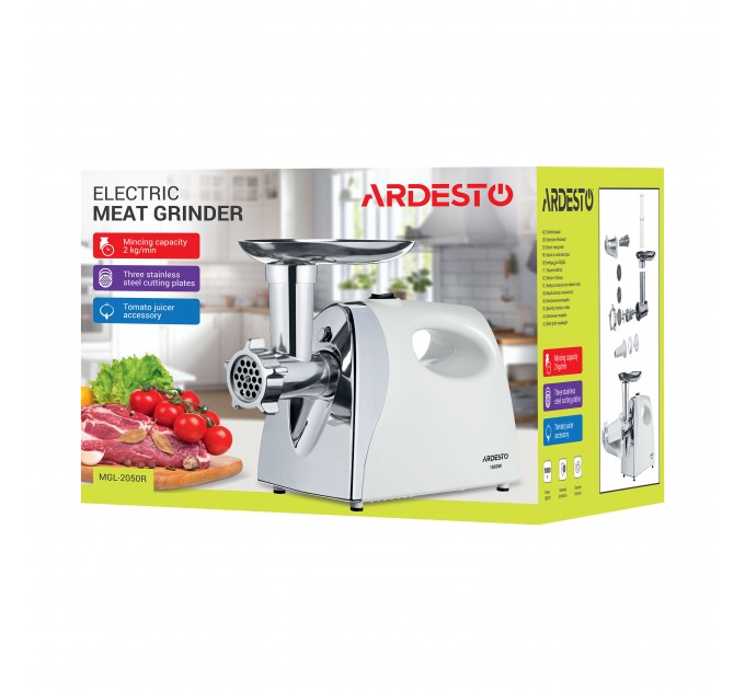 Мясорубка ARDESTO, 1800Вт, 2кг/мин, 3 решетки, насадка для колбас, кеббе, томатов, пластик, бело-серебристый