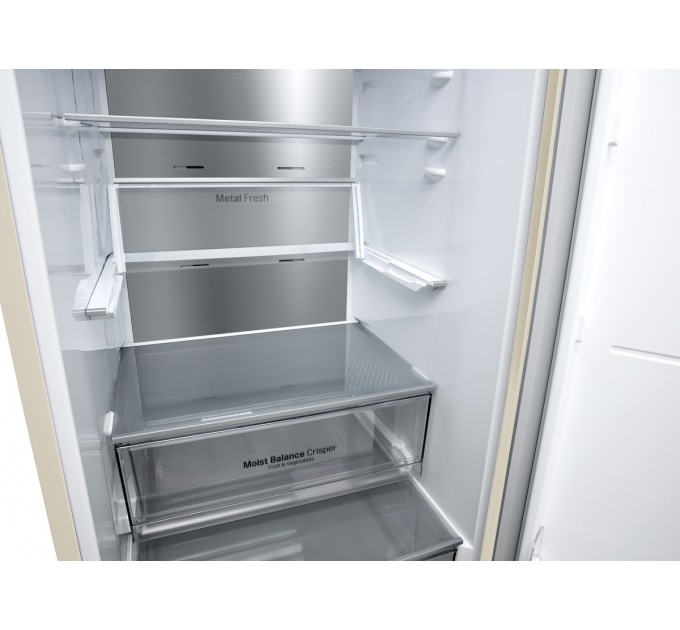 Холодильник LG с нижн. мороз., 203x60х68, холод.отд.-277л, мороз.отд.-107л, 2дв., E, NF, инв., диспл внешн., зона св-ти, Metal Fresh, бежевый