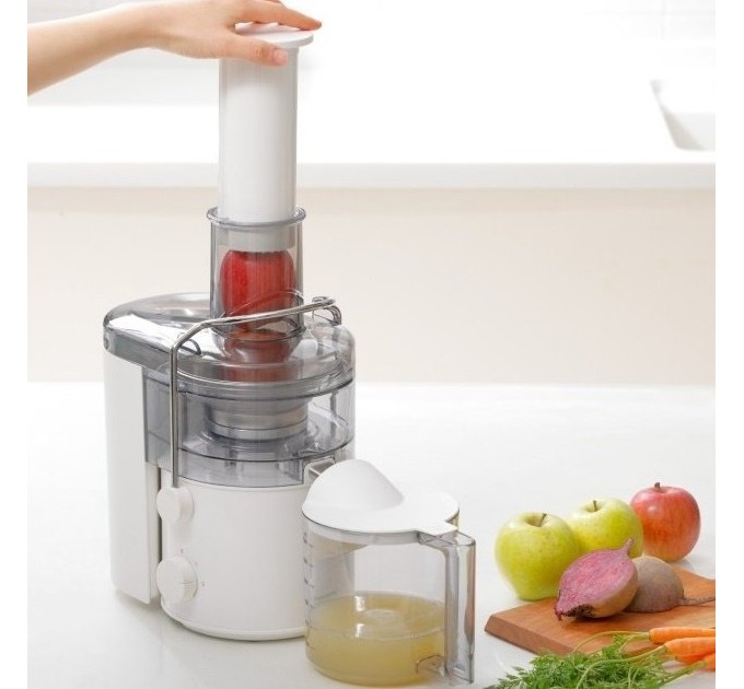 Соковыжималка Panasonic центробежная 1000Вт, чаша-1.5л, жмых-2л, желоб на целое яблоко, пластик/металл, белый