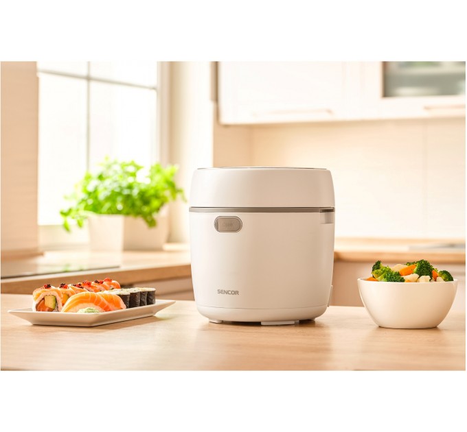 Рисоварка Sencor 350Вт, чаша-0.6л, сенсорне керування, 8 програм, нерж. сталь, пластик, білий