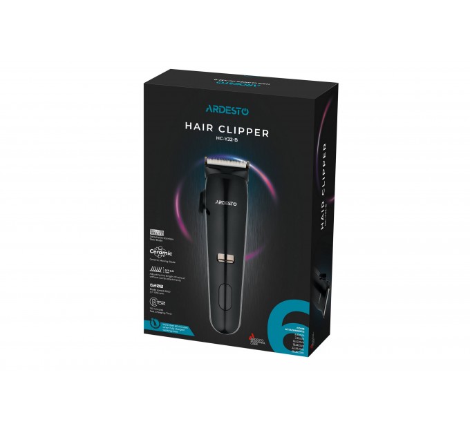 Машинка для стрижки ARDESTO HC-Y32-B, мережа+акум., насадок-6, сталь+кераміка, чорний