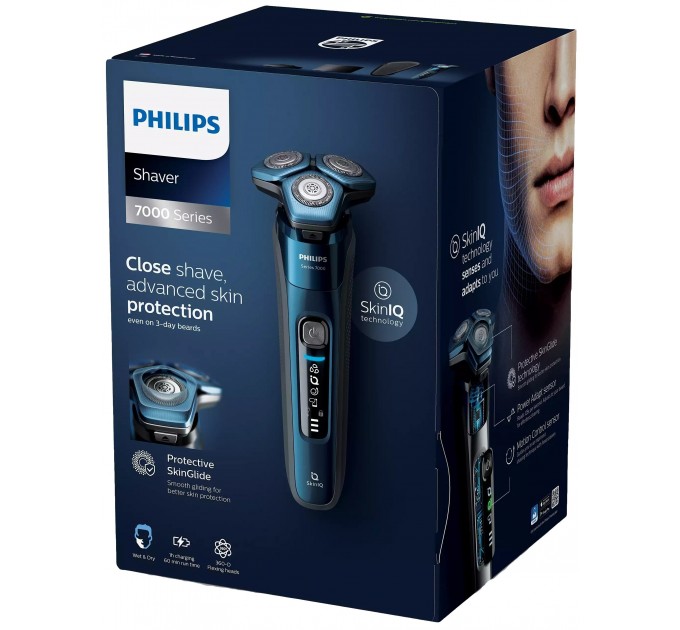 Бритва електр. Philips Series 7000 роторная, 9Вт, бритв.головок-3, Li-Ion, сух.+влажн., триммер, чехол, Bt., серо-синий