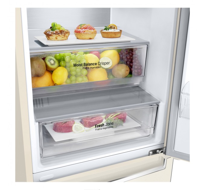 Холодильник LG с нижн. мороз., 203x60х68, холод.отд.-277л, мороз.отд.-107л, 2дв., E, NF, инв., диспл внешн., зона св-ти, Metal Fresh, бежевый