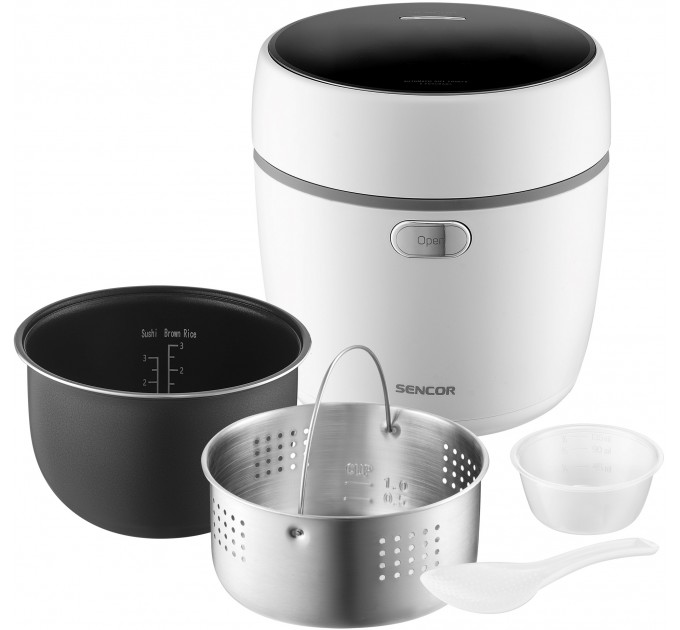 Рисоварка Sencor 350Вт, чаша-0.6л, сенсорне керування, 8 програм, нерж. сталь, пластик, білий