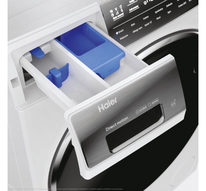 Стиральная машина Haier фронтальная, 9кг, 1400, A+++, 52см, дисплей, пар, инвертор, люк черный, прямой привод, белый