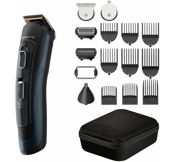 Тример Rowenta Selectium, для бороди, вусів, голови, носа, вух і тіла, мережа+акум., роторний мотор, насадок-17, чохол, титан.напил., чорний