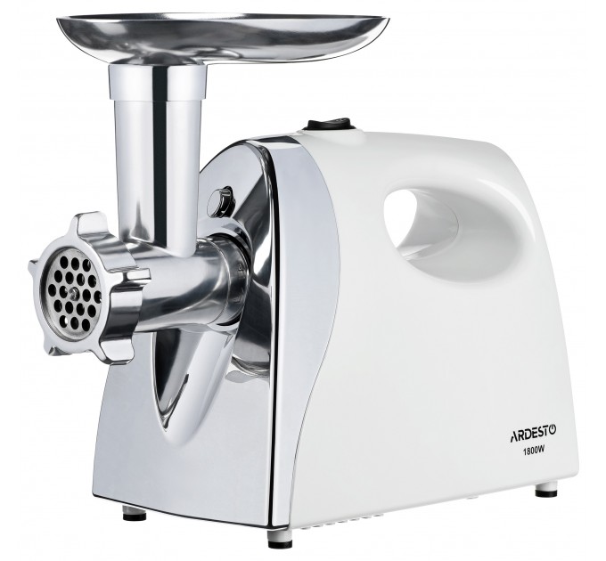 Мясорубка ARDESTO, 1800Вт, 2кг/мин, 3 решетки, насадка для колбас, кеббе, томатов, пластик, бело-серебристый