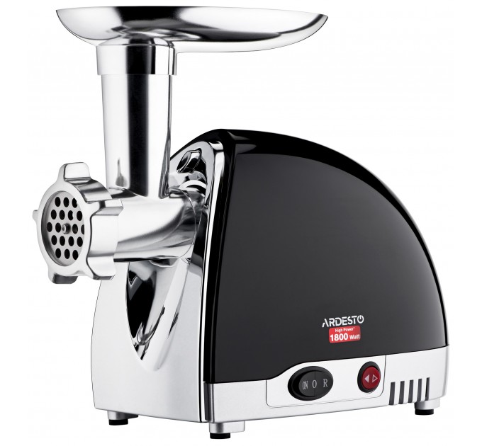 М'ясорубка ARDESTO, 1800Вт, 2кг/хв, 3 решітки, насадка для ковбас, кеббе, 4 терки, пластик, чорно-сріб.