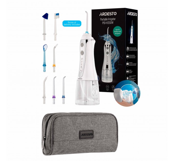 Іригатор ARDESTO портативний, чаша 300 мл, Li-ion акум. в компл., чохол, 7 насадок, білий