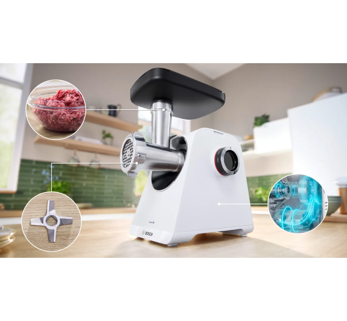 Мясорубка Bosch, 2100Вт, 3.5кг/мин, 2 решетки, насадка для колбас, кеббе, пластик, белый