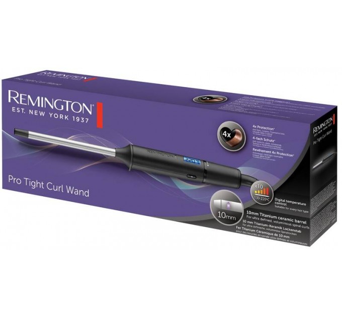 Плойка Remington Pro Tight Curl Wand, 25Вт, темп.режимов-10, D-10mm, 130-220С, дисплей, керамика, турмалин , серо-черный