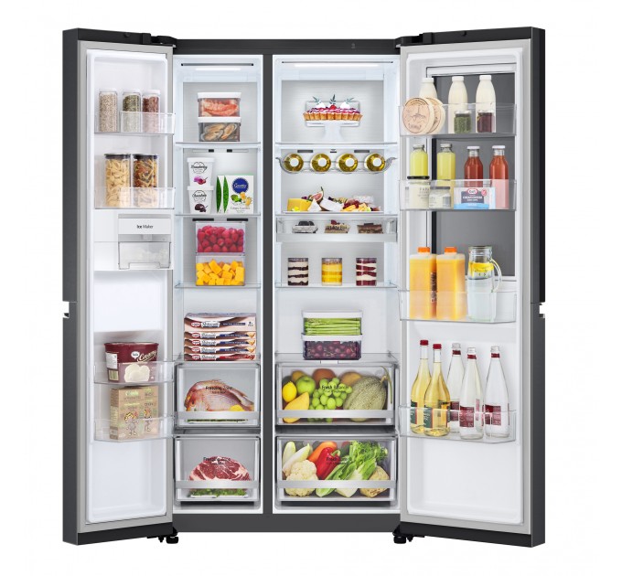 Холодильник LG SBS, 179x91х74, холод.отд.-416л, мороз.отд.-239л, 2дв., F, NF, инв., диспл внутр., зона св-ти, Door in door, черный мат.