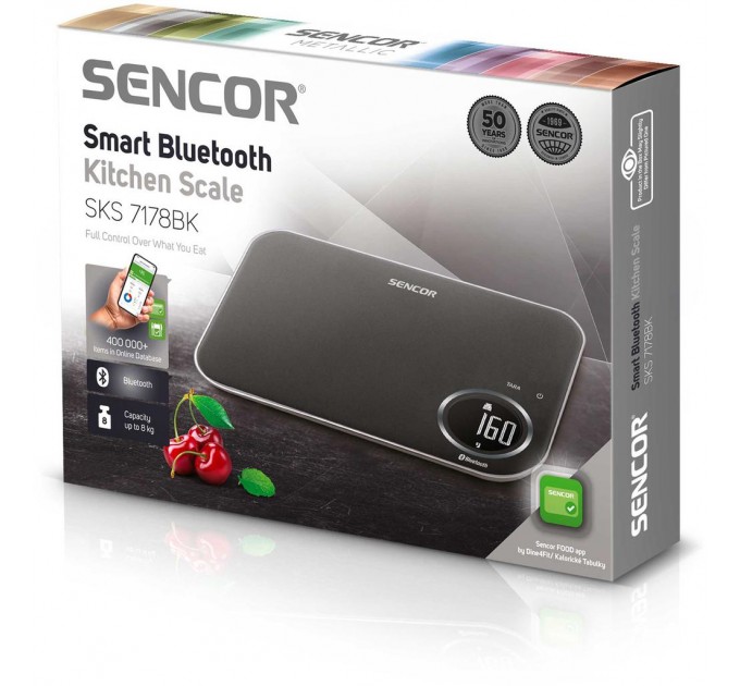 Ваги Sencor кухонні, 8кг, підключення до смартфону, AAAx2, пластик, чорний