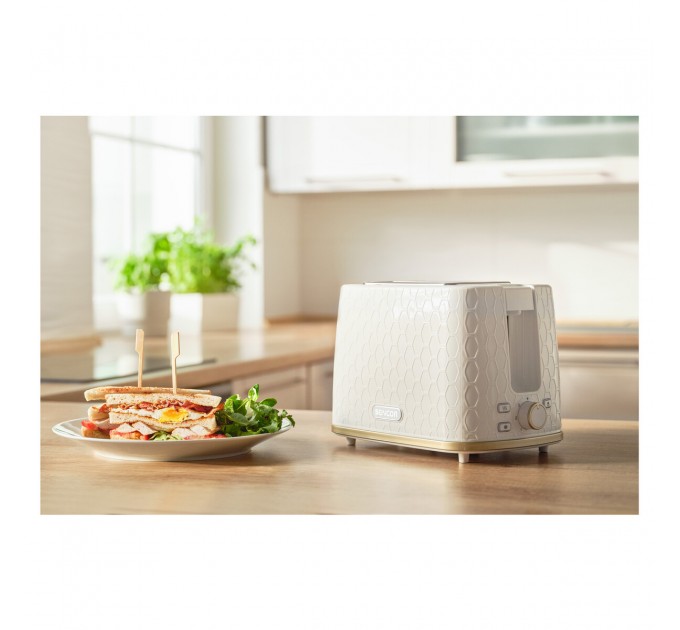 Тостер Sencor 930Вт, подогрев, разморозка, пластик, бело-золотой