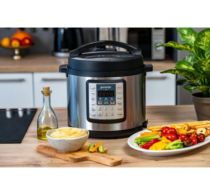 Мультиварка-скороварка Gorenje, 1000Вт, чаша-6л, электронное управл., 15 програм, металл/пластик, черный