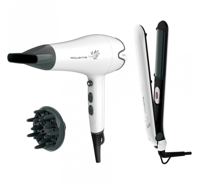 Фен + выпрямитель Rowenta набор Pure Collection, 2200Вт, режимов-2, дифузор,щипцы для волос(200°С,керамика), бело-черный