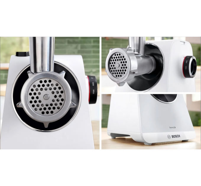 Мясорубка Bosch, 2100Вт, 3.5кг/мин, 2 решетки, насадка для колбас, кеббе, пластик, белый