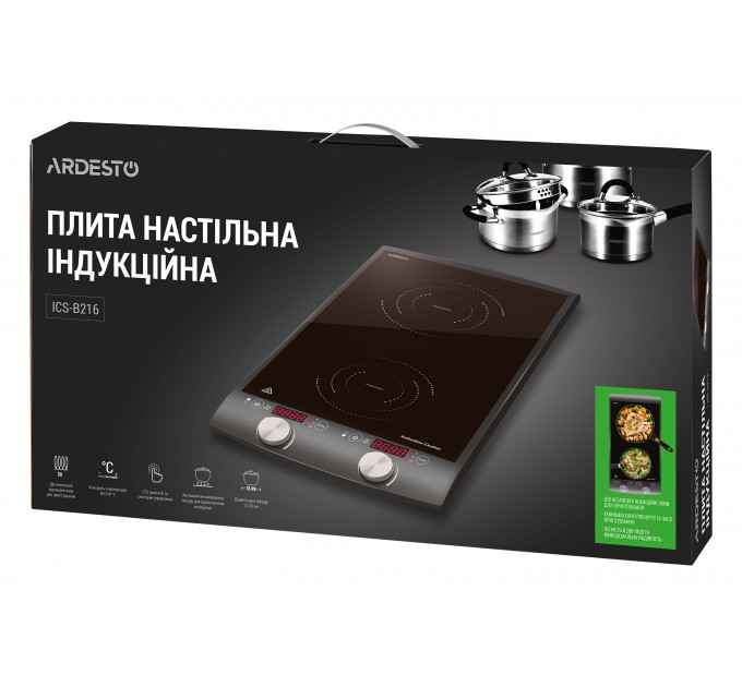 Плитка настольная ARDESTO индукционная, конф. - 2 на 1.3кВт и 1.6кВт вертик., управл. - сенсорное, таймер, черный