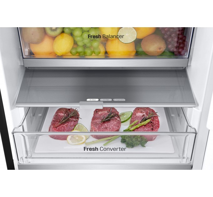 Холодильник LG с нижн. мороз., 203x60х68, холод.отд.-277л, мороз.отд.-107л, 2дв., А++, NF, инв., диспл внешн., Fresh Сonverter, Metal Fresh, черный мат.