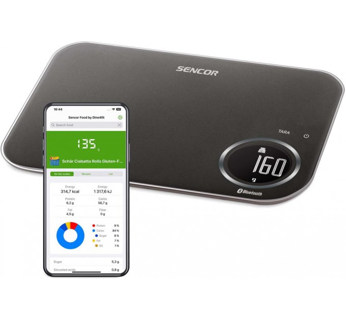 Ваги Sencor кухонні, 8кг, підключення до смартфону, AAAx2, пластик, чорний