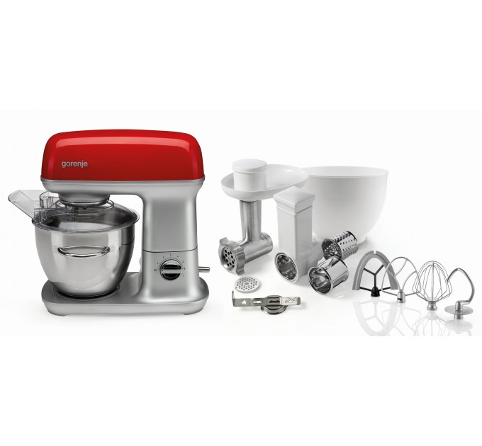Кухонная машина Gorenje 1000Вт, чаша-металл, корпус-металл, насадок-7, серебристо-красный