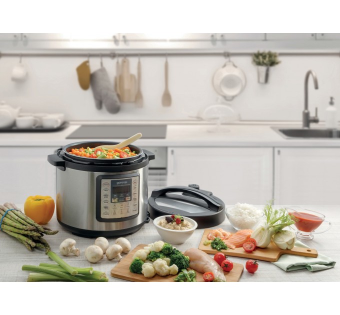 Мультиварка-скороварка Gorenje, 1000Вт, чаша-6л, электронное управл., 15 програм, металл/пластик, черный