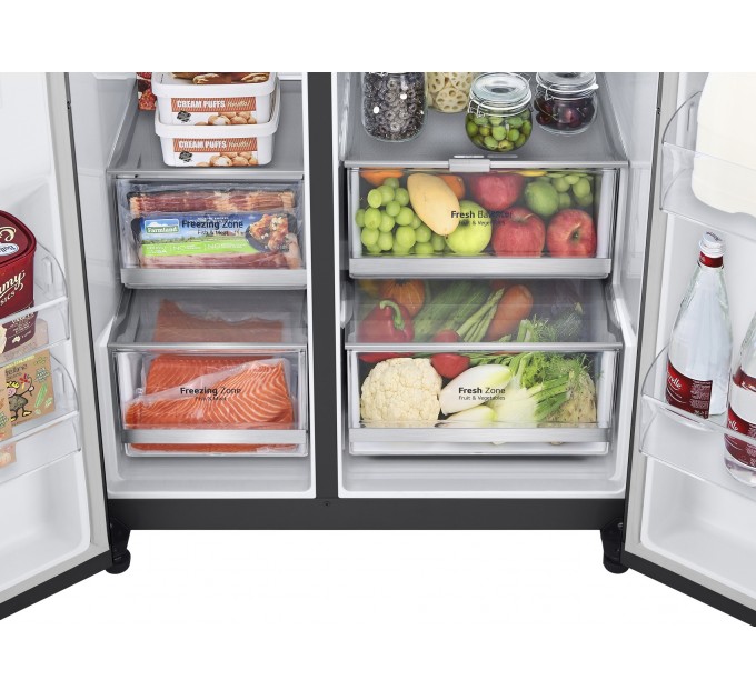 Холодильник LG SBS, 179x91х74, холод.отд.-416л, мороз.отд.-239л, 2дв., F, NF, инв., диспл внутр., зона св-ти, Door in door, черный мат.